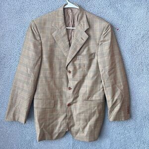 Brooks Brothers Blazer Mens 39R Beige Golden Fleece Wool‎ Houndstooth Plaid USA